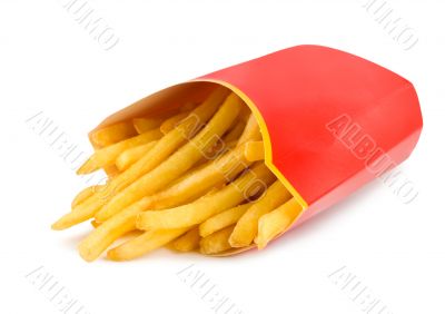 French fries in a red carton box isolated French fries in a red carton box isolated
