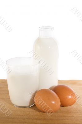 Eggs and milk in glass and bottle