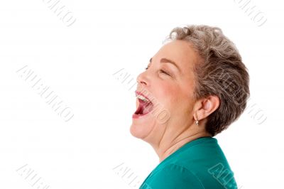 Happy senior woman talking screaming yelling singing