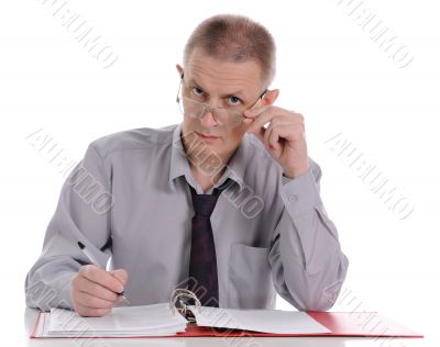 The man looking atop of glasses