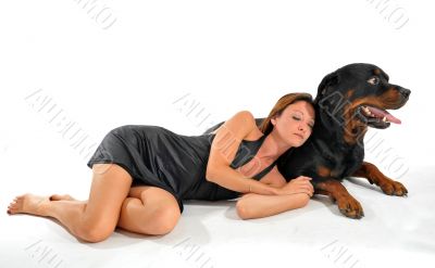 sleeping woman and rottweiler