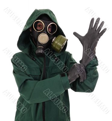 Gas mask, gloves, the person
