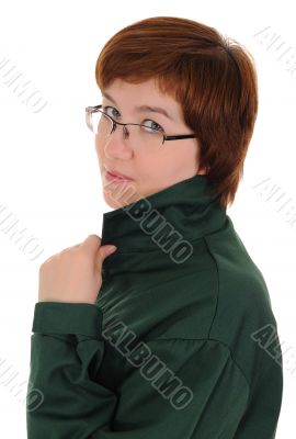 The woman looking atop of glasses
