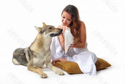 woman, wolf and dove