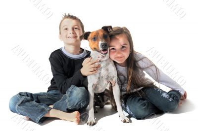 children and  jack russel terrier