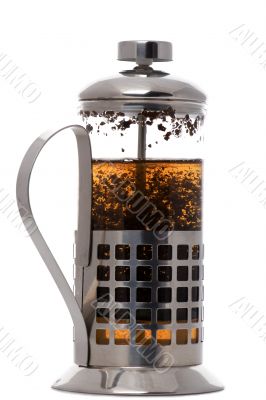 press coffee maker with tea on white