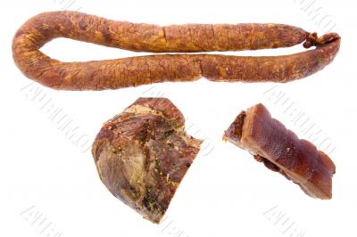 Smoked sausage and pork gammon on white background