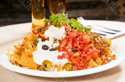 fresh nachos and vegetable salad with meat