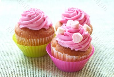 Small vanilla cupcakes with strawberry icing and marshmallows