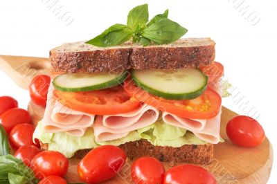 Tasty ham, tomato and cucumber sandwich