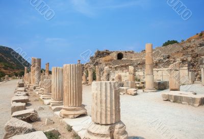 Ruins of columns in ancient city of Ephesus