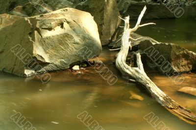 Stream with boulder and log