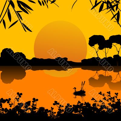 sunset on a lake scene sunset on a lake scene