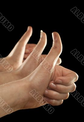 Three hands gesturing fingers up