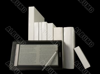 Row of printed books with electronic book reader