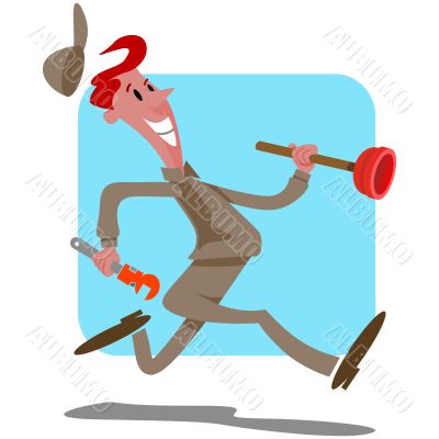 Plumber with Plunger Running Cartoon