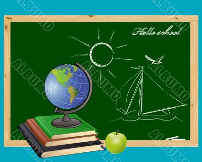 Globe, books,  green apple and   school board