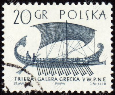 Greek galley Trier on post stamp