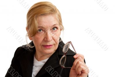 Senior Woman in black on white background.