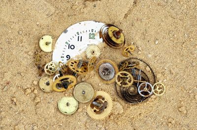 part of clockwork mechanism on the sand