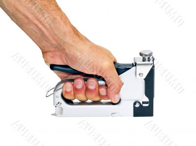 staple gun  in the man`s hand