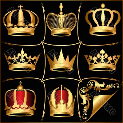  set gold crowns on black background