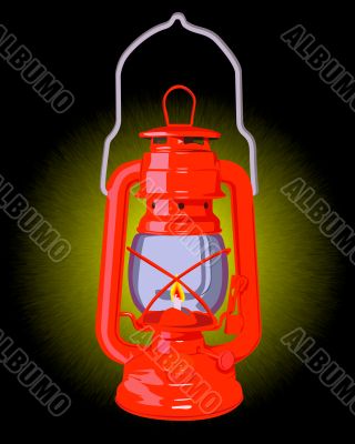 burning red oil lamp