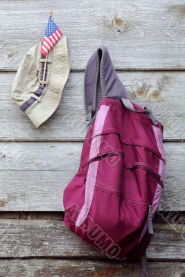 Khaki Hat, US flag and Magenta Backpack