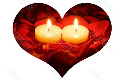 candles on rose petals in heart frame