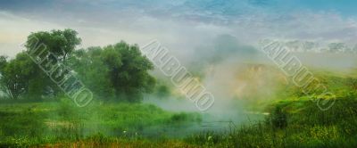 panorama - the trees, the river and the fog