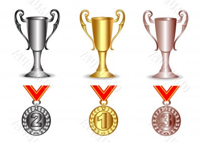 gold, silver, bronze cup and medals