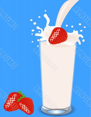 strawberries falls in milk
