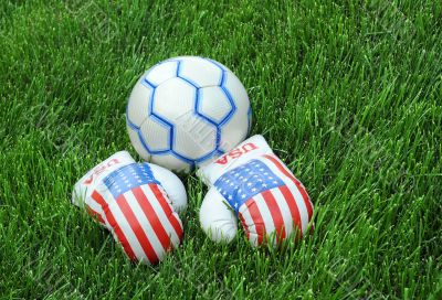 Boxing Gloves and Soccer Ball on Green Lawn