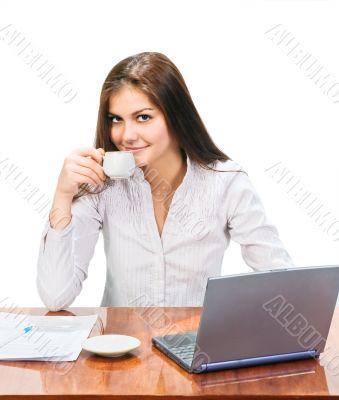 beautiful girl with cap of coffee and laptop beautiful girl with cap of coffee and laptop