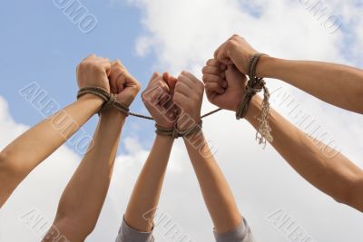 Three pairs of human hands tied up together