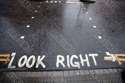 Look Right warning at a pedestrian crossing Look Right warning at a pedestrian crossing