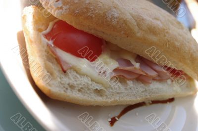 Ciabatta bread sandwich with meat and cheese