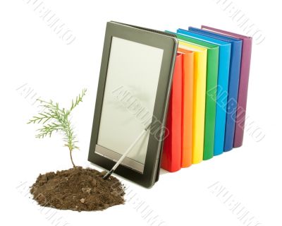 Tree seedling with row of books and e-book reader