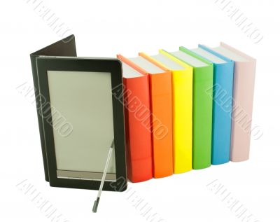 Row of colorful books and electronic book reader