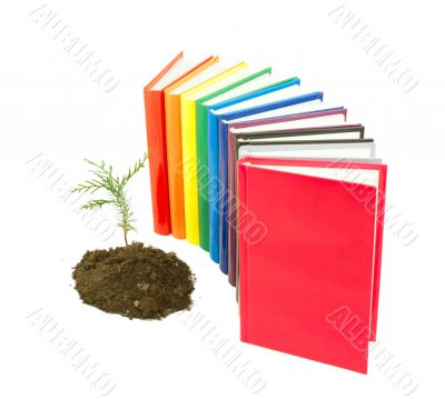 Seedling grown from the soil with row of books