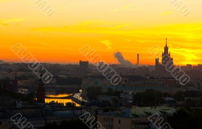 Moscow city sunrise. Kremlin, river and skyline