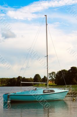 Blue sailing vessel.