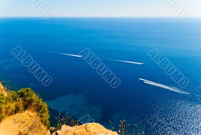 Boats in the Mediterranean sea View from high rock