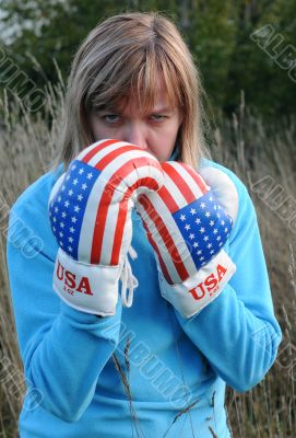 Angry Woman Wearing Boxing Gloves