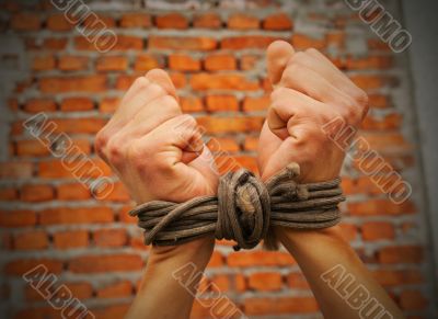 Hands tied up with rope against brick wall