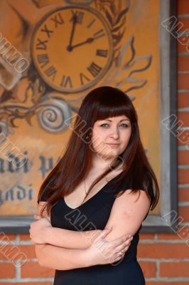 Beauty woman at retro poster with clock.