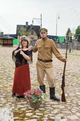 Couple of lady and soldier in retro style picture