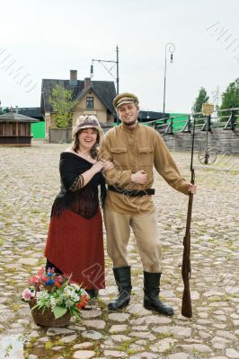 Couple of lady and soldier in retro style picture