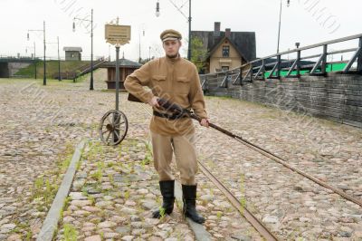 Soldier with  gun in retro style picture