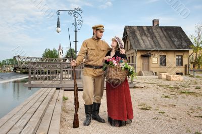 Couple of lady and soldier in retro style picture